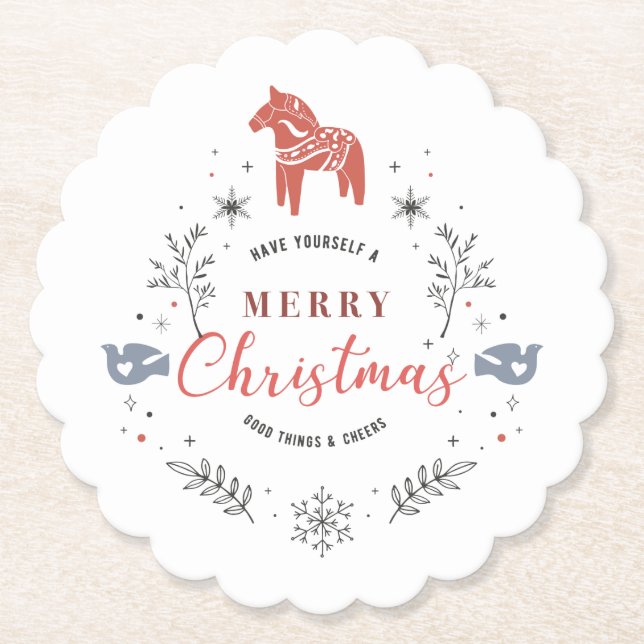 Christmas circle ornament typography & animals paper coaster (Front)