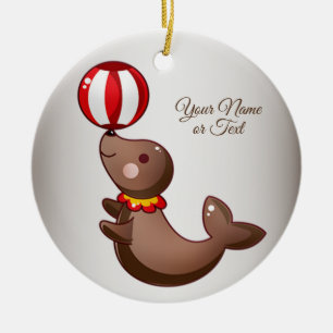 Christmas Circus Seal Red White Ball Ceramic Ornament