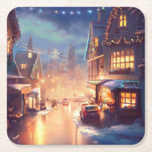 Christmas City Street 3 Square Paper Coaster