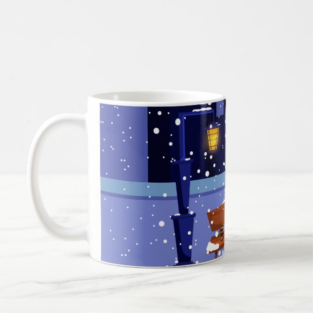 Christmas cityscape with street lamp, tree and gif coffee mug (Left)