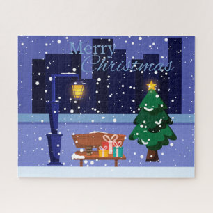 Christmas cityscape with street lamp, tree and gif jigsaw puzzle