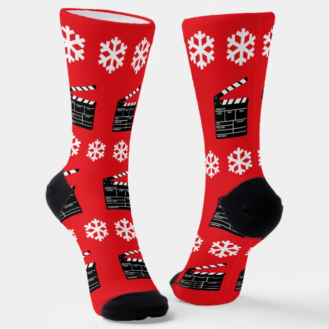 Christmas Clapperboards and Snowflakes Fun Movie Socks (Angled)