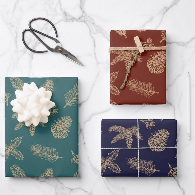 Christmas classic gold pine & botanical Pattern Wrapping Paper Sheet (Front)