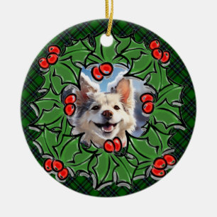 Christmas classic green plaid red holly leaves ceramic ornament