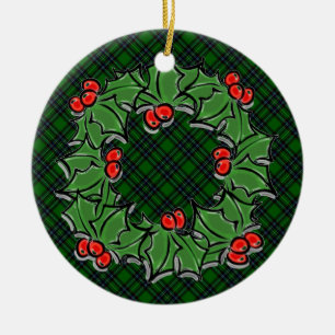 Christmas classic green plaid red holly leaves ceramic ornament