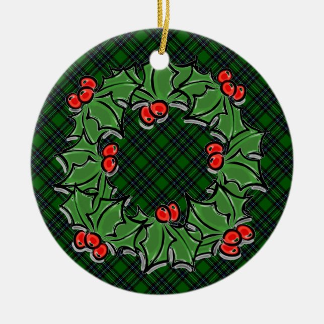 Christmas classic green plaid red holly leaves ceramic ornament (Front)