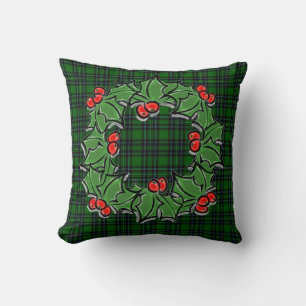 Christmas classic green plaid red holly leaves cushion