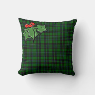 Christmas classic green plaid red holly leaves cushion