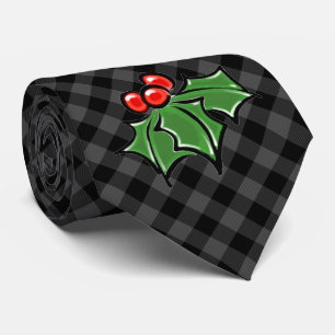 Christmas classic grey Plaid Holly berries leaves Tie