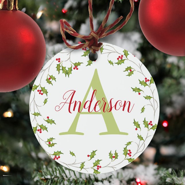 Christmas Classic Holiday Red Holly Monogram Metal Tree Decoration (Simple Christmas holiday greenery holly berries monogram metal ornament)