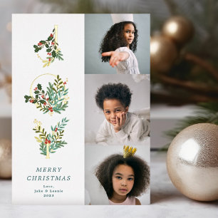 Christmas Classic Mint Botanical JOY Collage Photo Foil Holiday Card