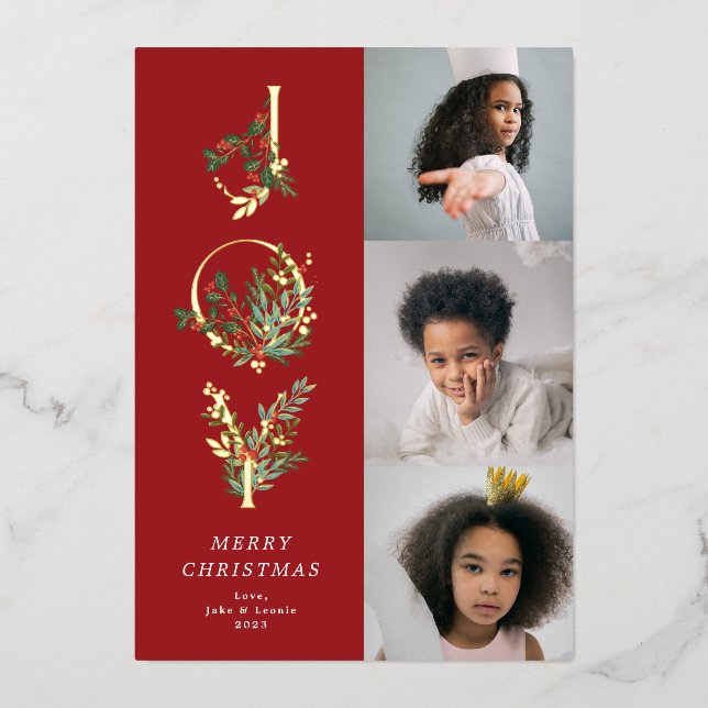 Christmas Classic Red Botanical JOY Collage Photo Foil Holiday Card (Front)