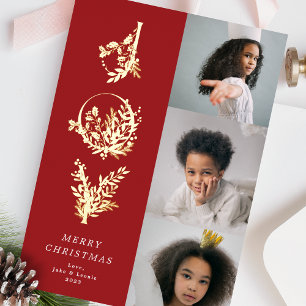 Christmas Classic Red Leafy Bold JOY Collage Photo Foil Holiday Card