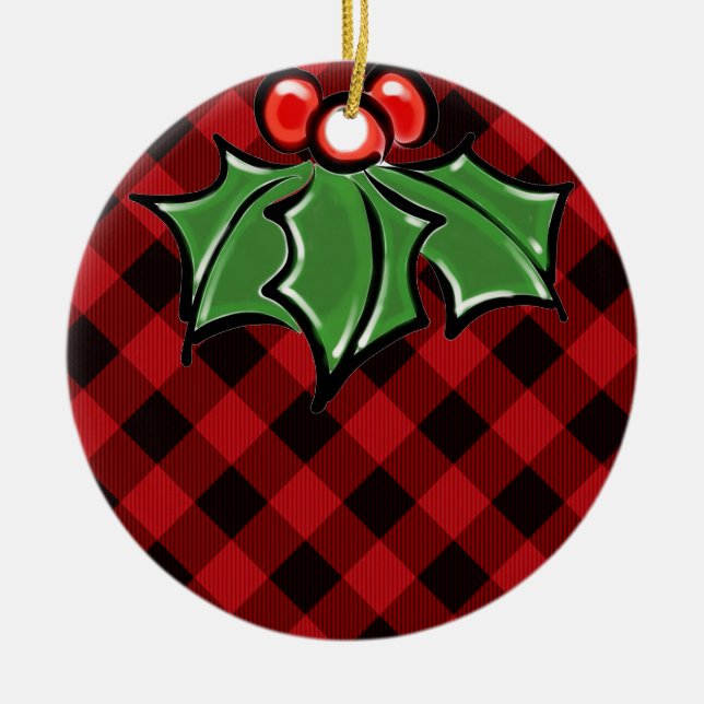Christmas classic Red Plaid Holly berries leaves Ceramic Ornament (Front)