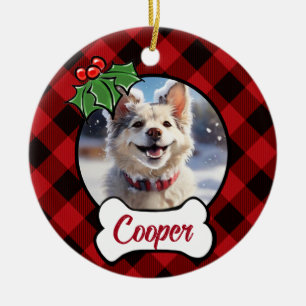 Christmas classic Red Plaid Holly berries leaves Ceramic Ornament