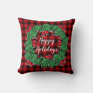 Christmas classic Red Plaid Holly berries leaves Cushion