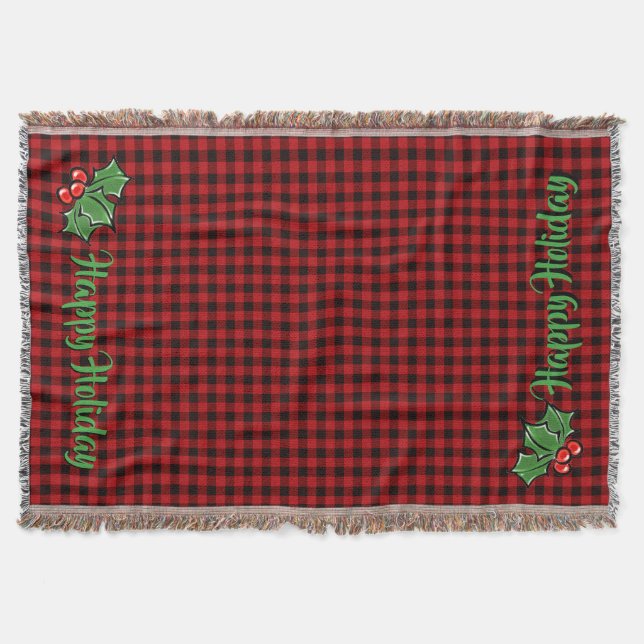 Christmas classic Red Plaid Holly berries leaves Throw Blanket (Front)