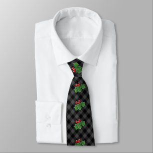 Christmas classic Red Plaid Holly berries leaves Tie