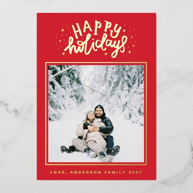 Christmas Classic Red | Square Photo Frame Gold Foil Holiday Card (Front)