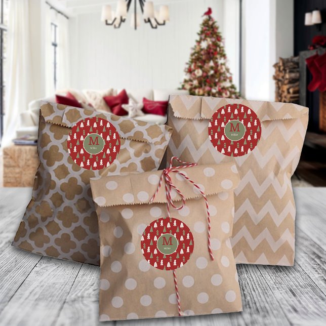 Christmas Classic Trees Custom Family Monogram Red Round Sticker (Creator Uploaded)