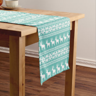Christmas Coastal Teal Snowflake Reindeer Pattern Short Table Runner