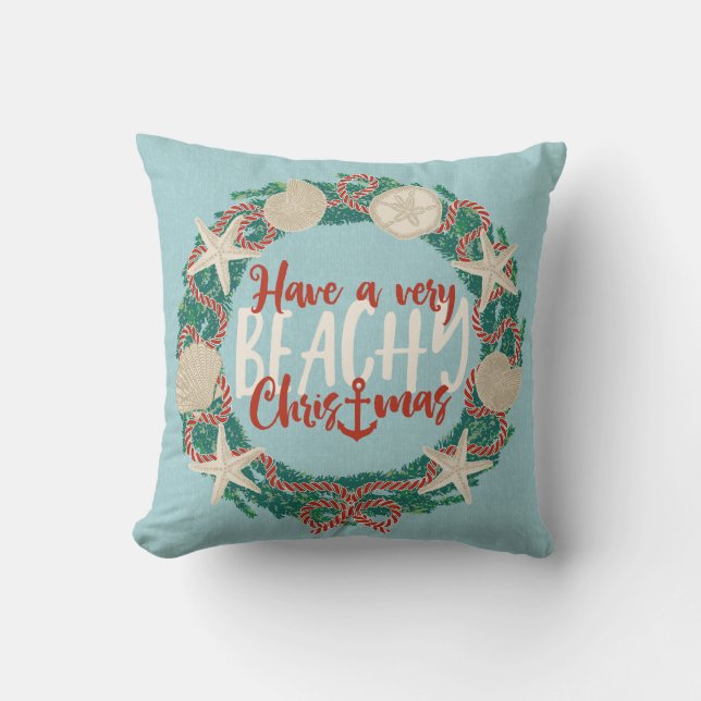 Christmas Coastal Tropical Sea Shell Wreath -Aqua Cushion (Front)