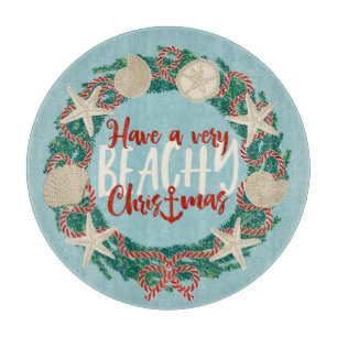 Christmas Coastal Tropical Sea Shell Wreath -Aqua Cutting Board