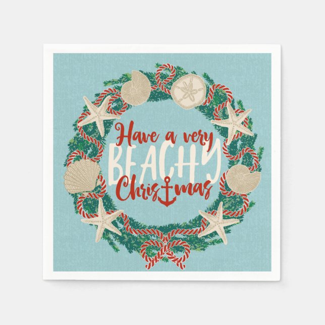 Christmas Coastal Tropical Sea Shell Wreath - Aqua Napkin (Front)