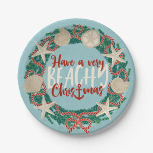 Christmas Coastal Tropical Sea Shell Wreath - Aqua Paper Plate