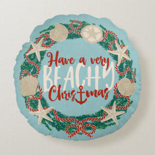 Christmas Coastal Tropical Sea Shell Wreath -Aqua Round Cushion