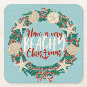 Christmas Coastal Tropical Sea Shell Wreath - Aqua Square Paper Coaster