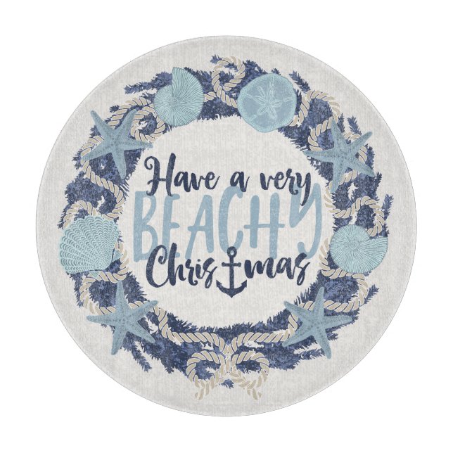 Christmas Coastal Tropical Sea Shell Wreath -Blue Cutting Board (Front)