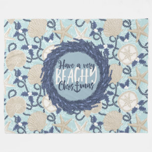 Christmas Coastal Tropical Sea Shell Wreath - Blue Fleece Blanket