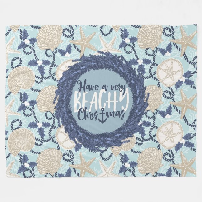 Christmas Coastal Tropical Sea Shell Wreath - Blue Fleece Blanket (Front (Horizontal))