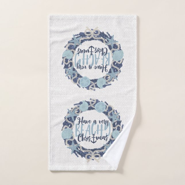 Christmas Coastal Tropical Sea Shell Wreath -Blue Hand Towel (Hand Towel)
