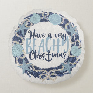 Christmas Coastal Tropical Sea Shell Wreath -Blue Round Cushion