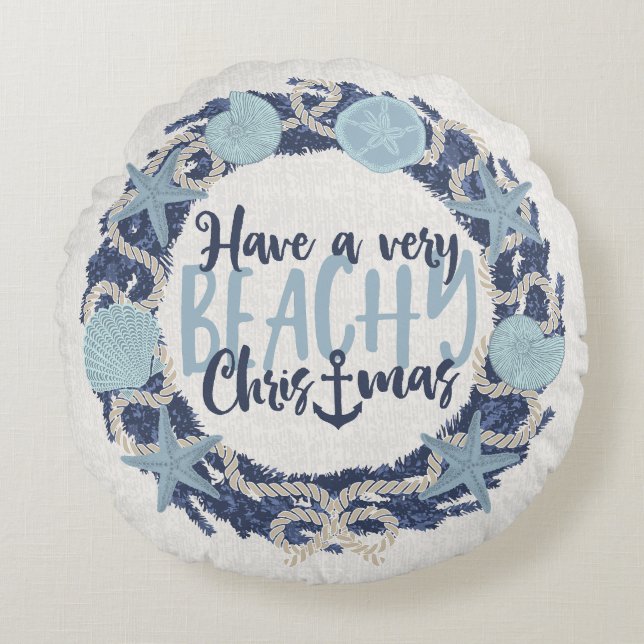 Christmas Coastal Tropical Sea Shell Wreath -Blue Round Cushion (Front)