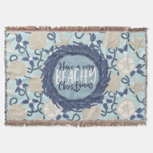 Christmas Coastal Tropical Sea Shell Wreath - Blue Throw Blanket