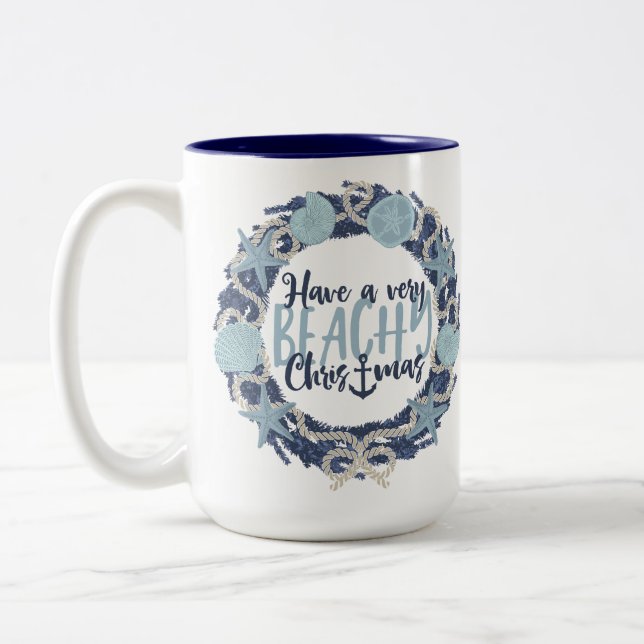 Christmas Coastal Tropical Sea Shell Wreath -Blue Two-Tone Coffee Mug (Left)