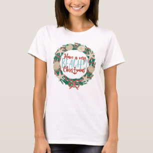 Christmas Coastal Tropical Sea Shell Wreath -Green T-Shirt