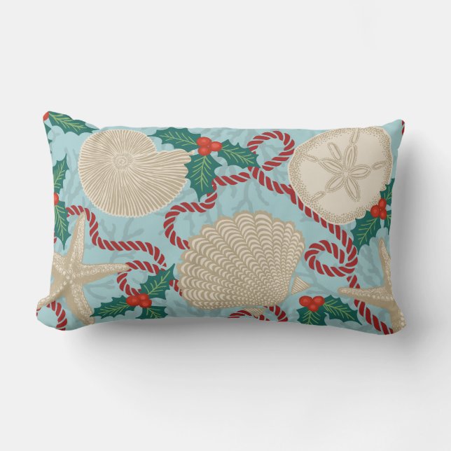 Christmas Coastal Tropical Sea Shells -Aqua Lumbar Cushion (Front)