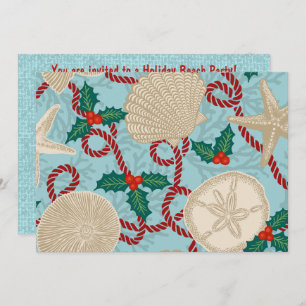 Christmas Coastal Tropical Sea Shells - Aqua & Red Invitation