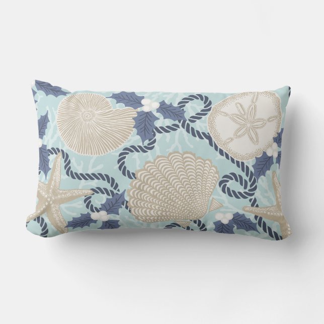 Christmas Coastal Tropical Sea Shells -Blue Lumbar Cushion (Front)