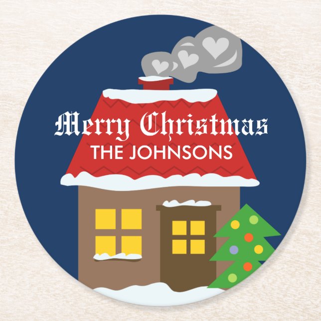 Christmas coasters with cute winter cabin cottage (Front)