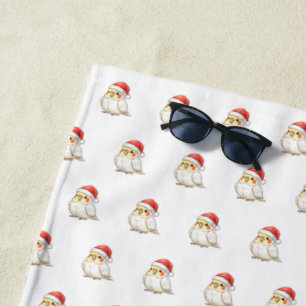 Christmas Cockatiel Wearing Santa Hat Beach Towel