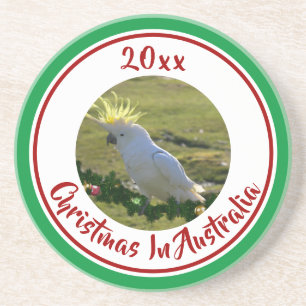 Christmas Cockatoo on Decorated Pine Branch Coaster