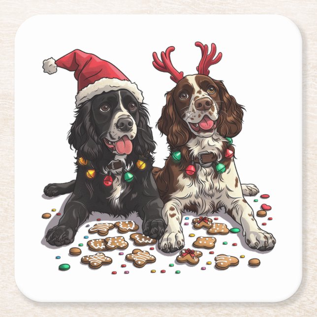 Christmas Cocker Spaniel Dogs Square Paper Coaster (Front)