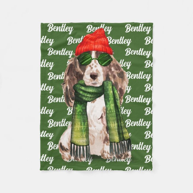 Christmas Cocker Spaniel Santa Dog's Name Fleece Blanket (Front)