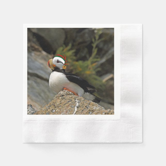 Christmas Cocktail Napkin of puffin (Front)
