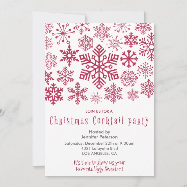 Christmas Cocktail Party Invite Snowflakes Red  (Front)